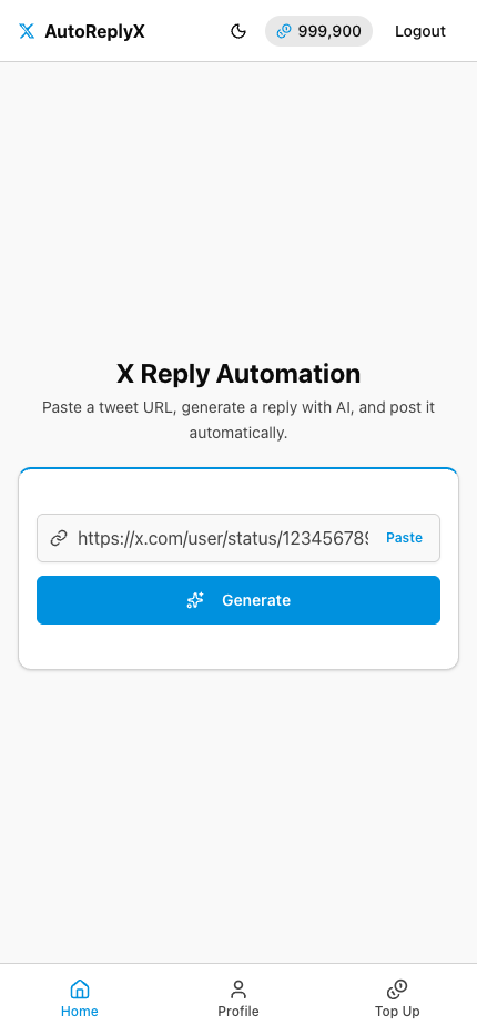 AutoReplyX home screen — URL input field and Generate button